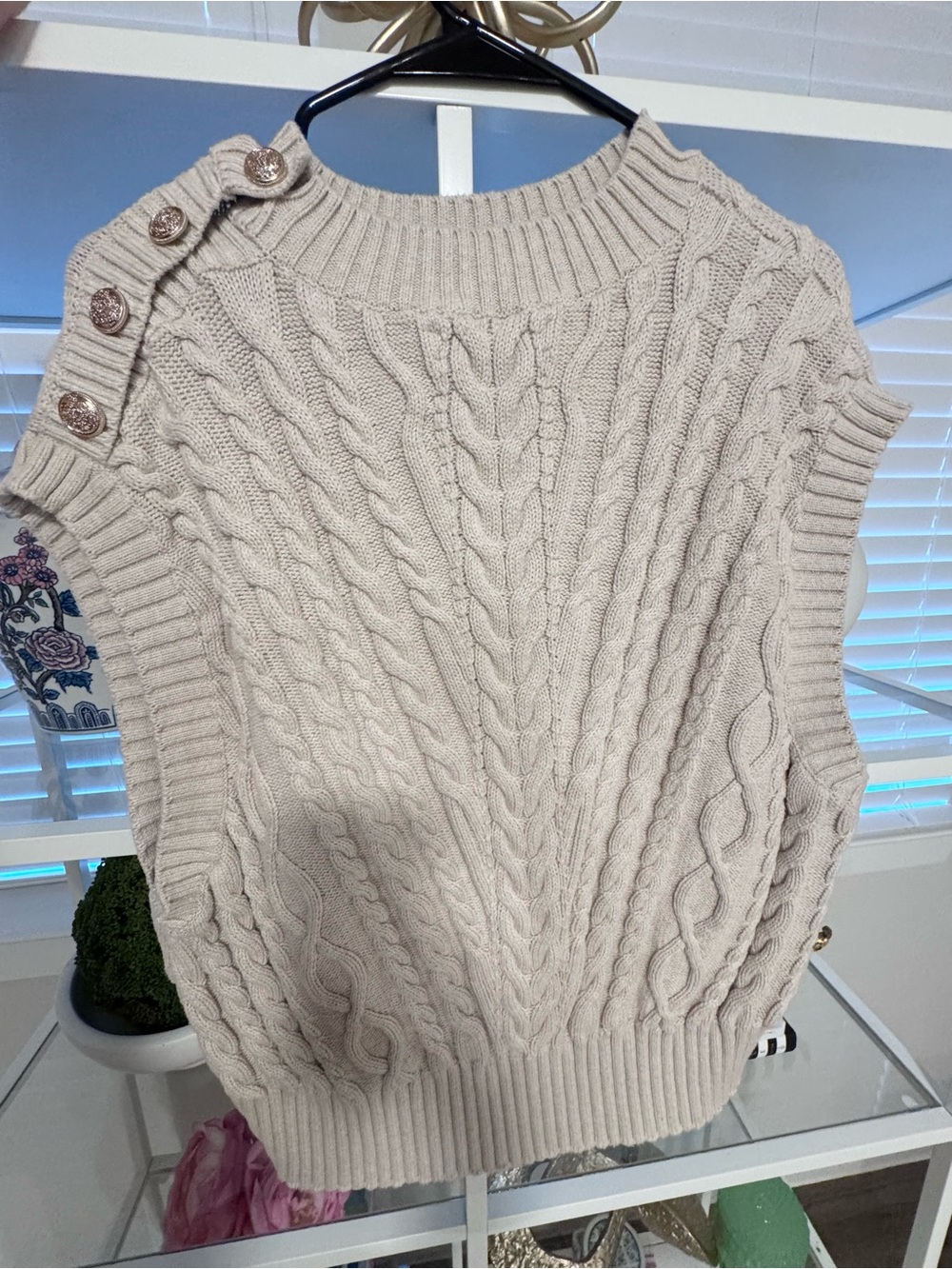 LOFT Cable Knit Button-Shoulder Sleeveless Sweater Vest - Cream